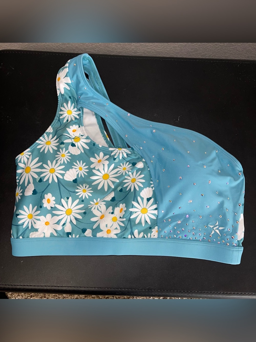 Daisy Print One-Shoulder Crop Top - Turquoise